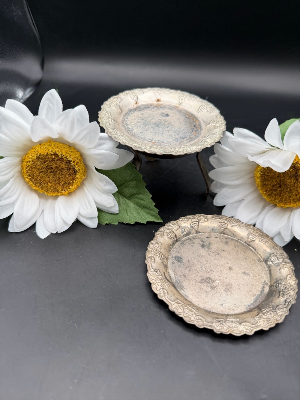 Vintage Ornate Silver Plated Decorative Wine Coasters with Stand- Set of 2